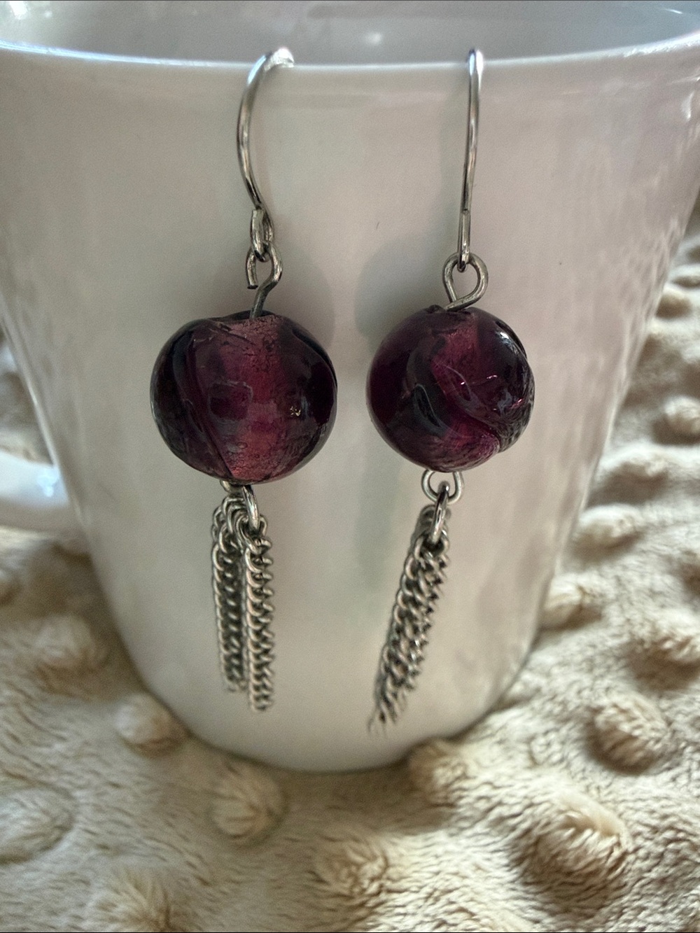 Silver Chain Drop Earrings with Deep Purple Glass Beads